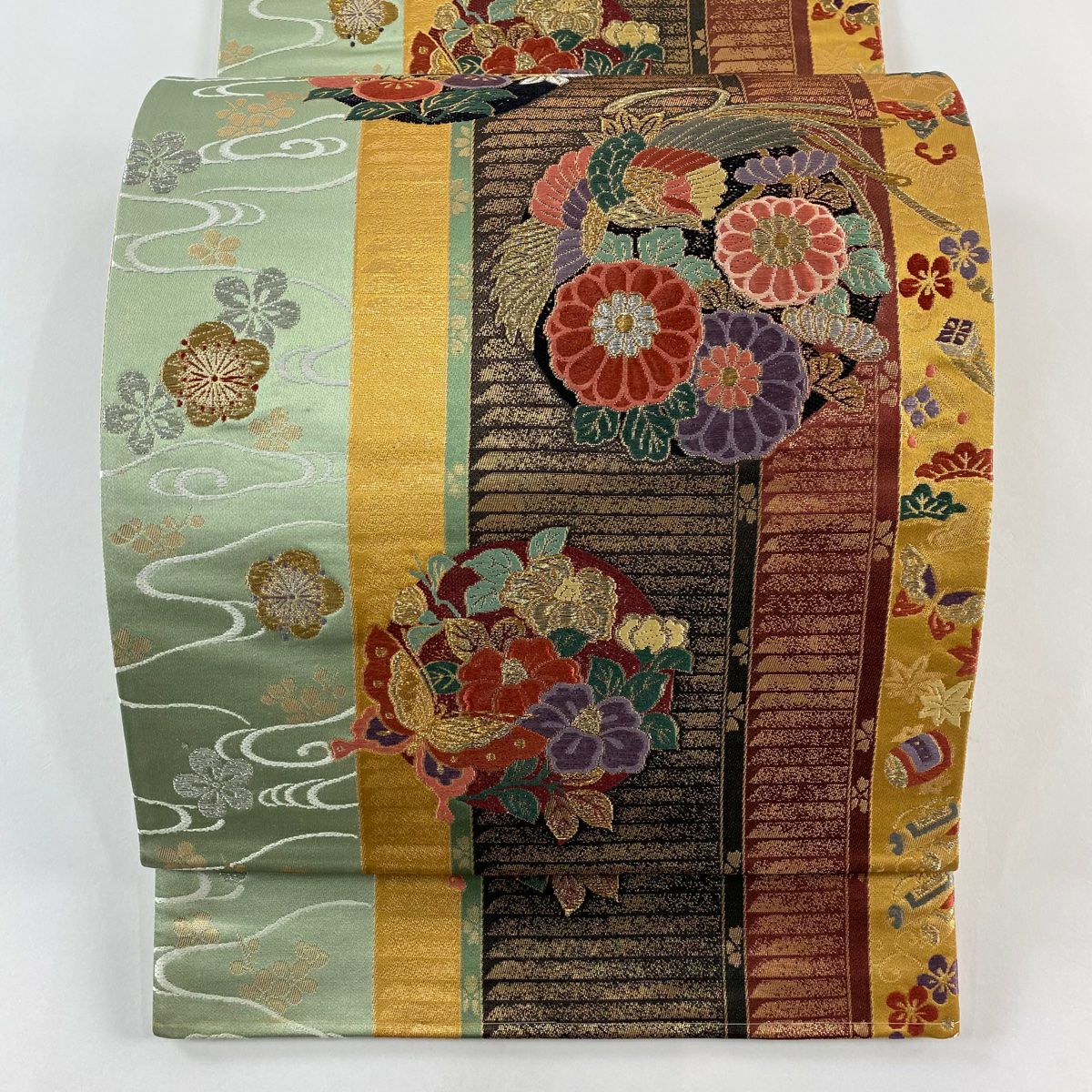 【美品】 袋帶 秀品級 花鳥 松樹竹子梅花 金銀彩 薄綠 六通 純蠶絲