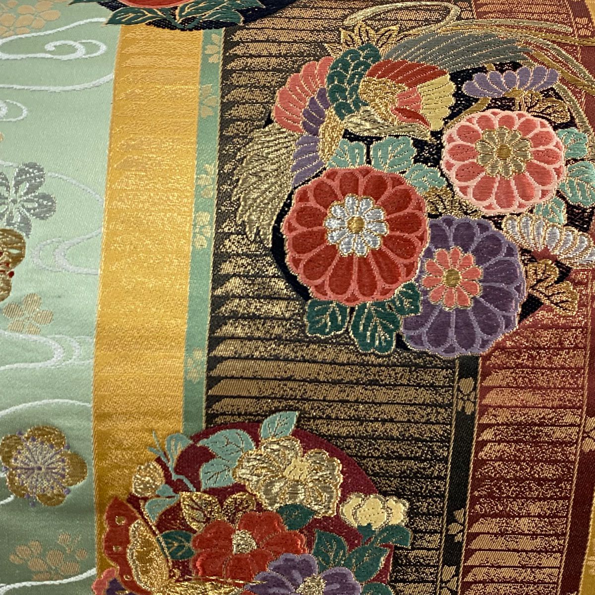 【美品】 袋帶 秀品級 花鳥 松樹竹子梅花 金銀彩 薄綠 六通 純蠶絲