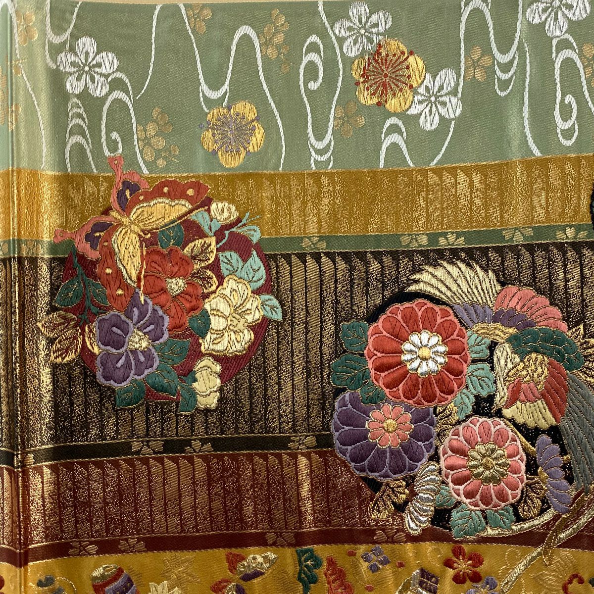 【美品】 袋帶 秀品級 花鳥 松樹竹子梅花 金銀彩 薄綠 六通 純蠶絲