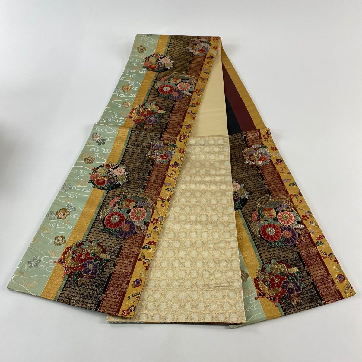 【美品】 袋帶 秀品級 花鳥 松樹竹子梅花 金銀彩 薄綠 六通 純蠶絲
