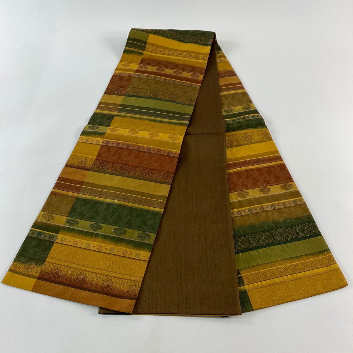 【美品】 袋帶 秀品級 華紋 縞 金絲 山吹茶 純蠶絲