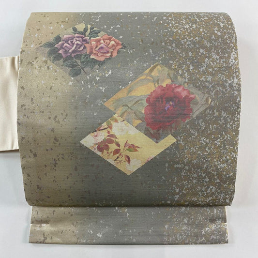 【美品】 名古屋帶 秀品級 草花紋紋 菱紋 金金箔 螺鈿金金箔 奶油色 純蠶絲