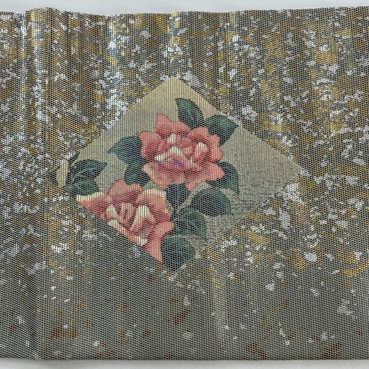 【美品】 名古屋帶 秀品級 草花紋紋 菱紋 金金箔 螺鈿金金箔 奶油色 純蠶絲