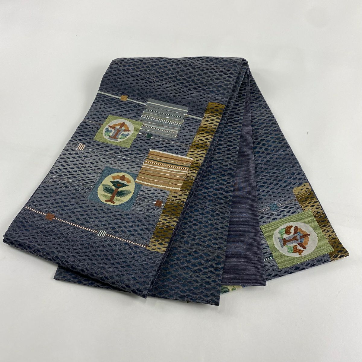 袋帶 秀品級 夏帶 草花紋 幾何学模様 ラメ糸 青灰色 お太鼓柄 純蠶絲