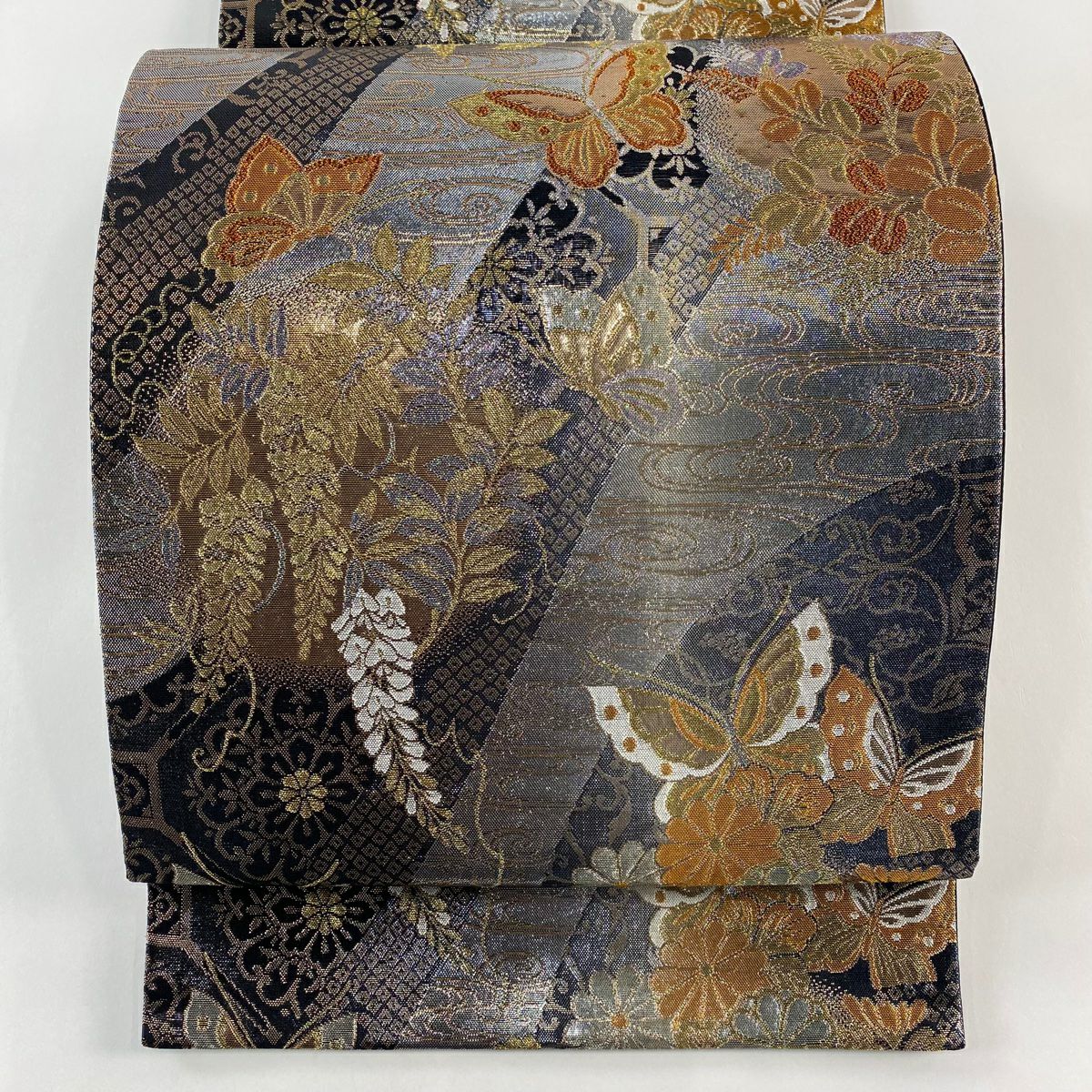 【美品】 袋帶 秀品級 蝶 藤 金銀彩 金金箔 銀色 六通 純蠶絲
