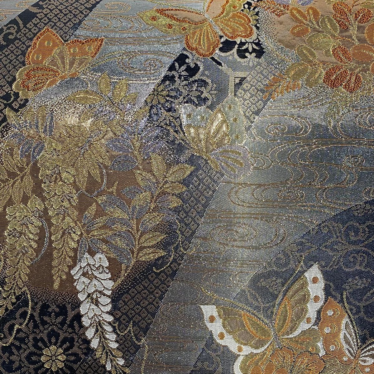 【美品】 袋帶 秀品級 蝶 藤 金銀彩 金金箔 銀色 六通 純蠶絲