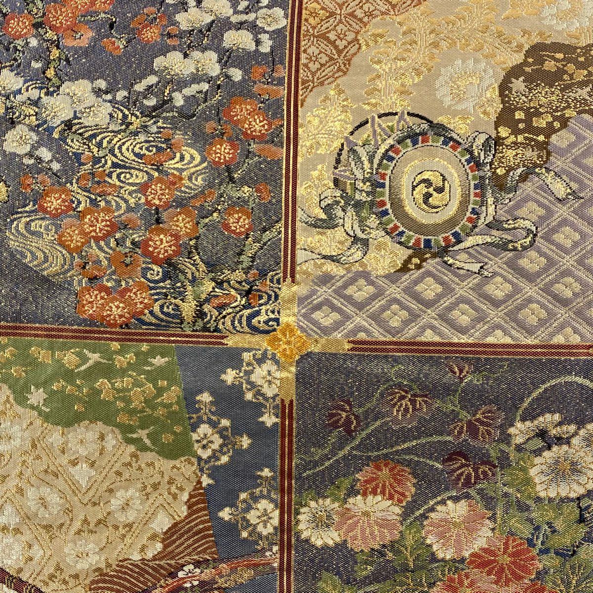 袋帶 秀品級 枝梅花 草花紋紋 金金箔 灰紫 六通 純蠶絲