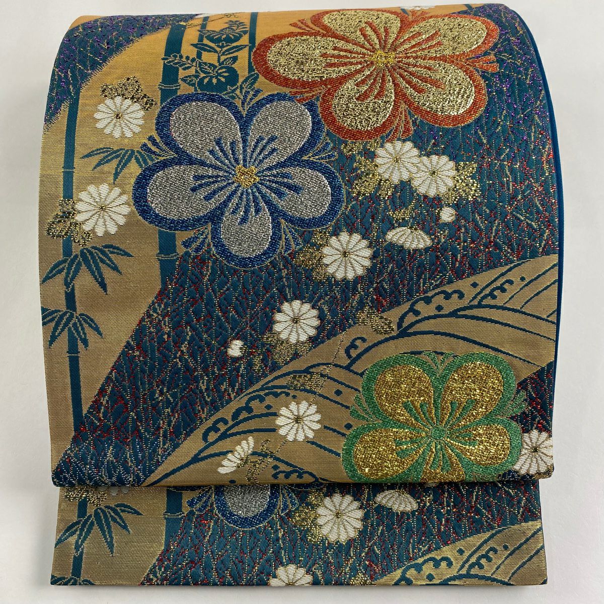 袋帶 秀品級 ますいわ屋 梅花 菊花 金金箔 拉麵金箔 青綠 六通 純蠶絲