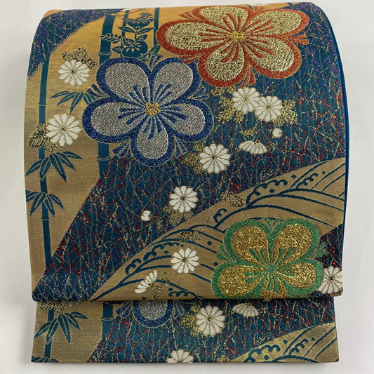 袋帶 秀品級 ますいわ屋 梅花 菊花 金金箔 拉麵金箔 青綠 六通 純蠶絲