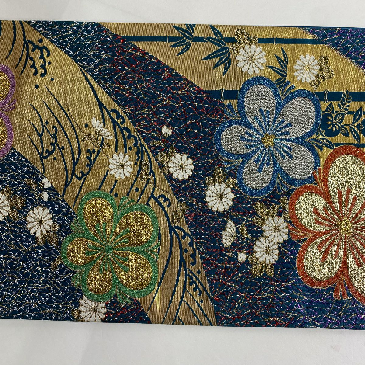 袋帶 秀品級 ますいわ屋 梅花 菊花 金金箔 拉麵金箔 青綠 六通 純蠶絲