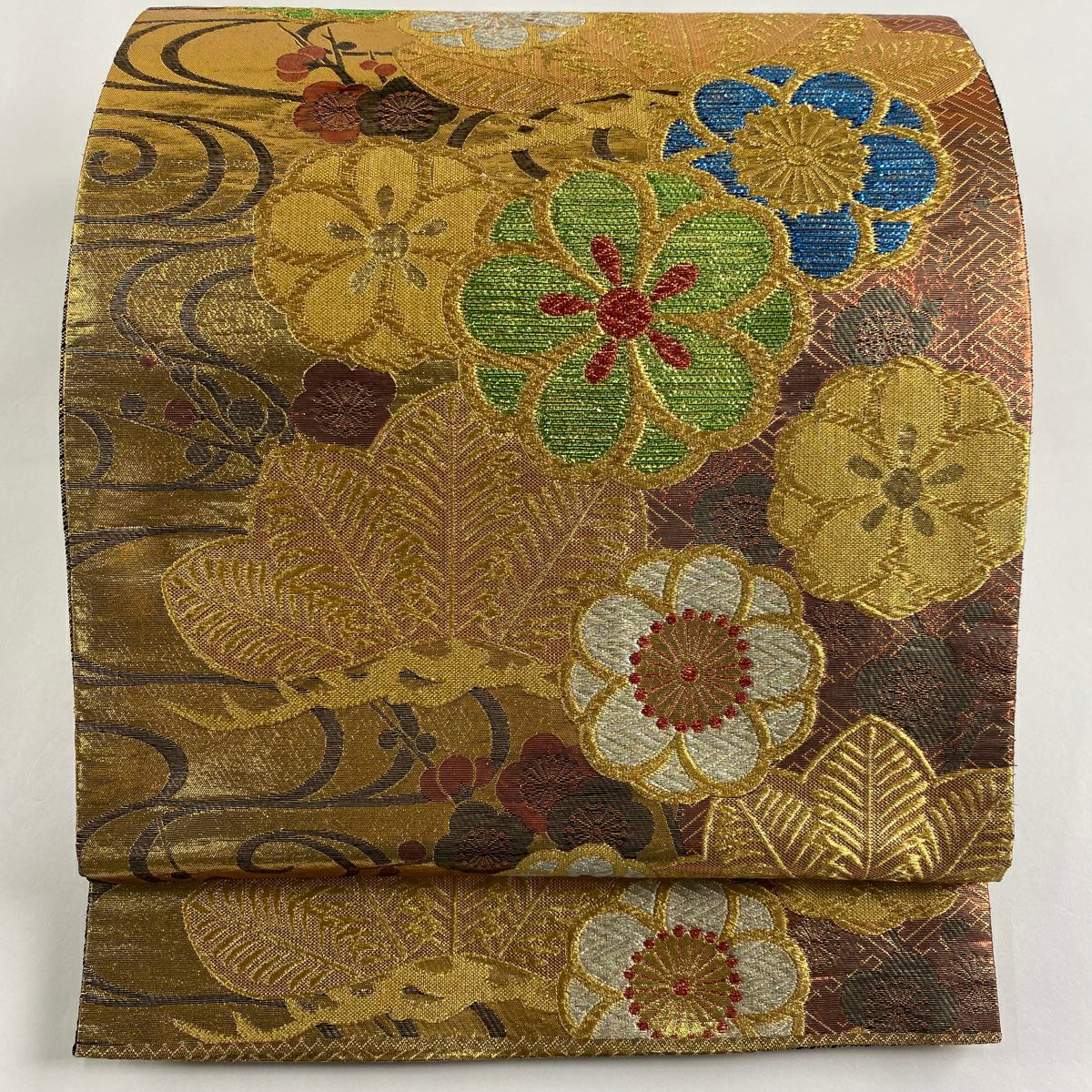 【美品】 袋帶 秀品級 振袖禮服禮服用 梅花 流水 金絲 金金箔 金茶 六通 純蠶絲