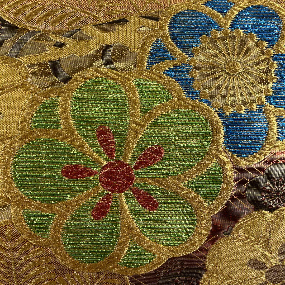 【美品】 袋帶 秀品級 振袖禮服禮服用 梅花 流水 金絲 金金箔 金茶 六通 純蠶絲