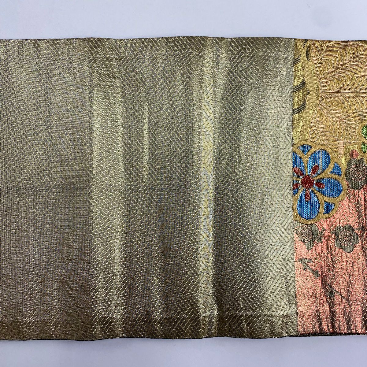 【美品】 袋帶 秀品級 振袖禮服禮服用 梅花 流水 金絲 金金箔 金茶 六通 純蠶絲