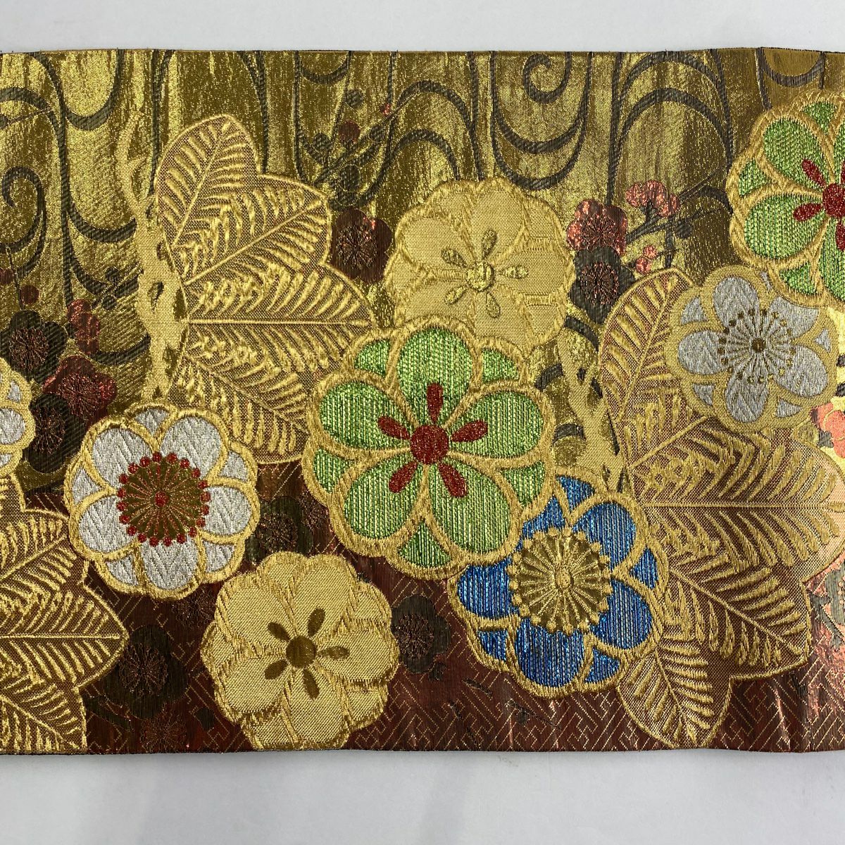 【美品】 袋帶 秀品級 振袖禮服禮服用 梅花 流水 金絲 金金箔 金茶 六通 純蠶絲
