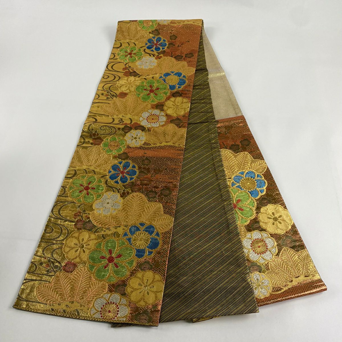 【美品】 袋帶 秀品級 振袖禮服禮服用 梅花 流水 金絲 金金箔 金茶 六通 純蠶絲