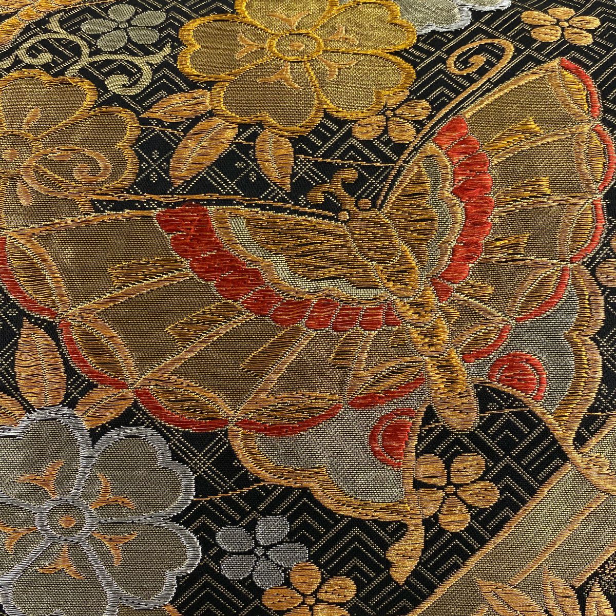 袋帶 秀品級 喜祥錦 蝶 櫻花 金銀彩 金金箔 黑 六通 純蠶絲