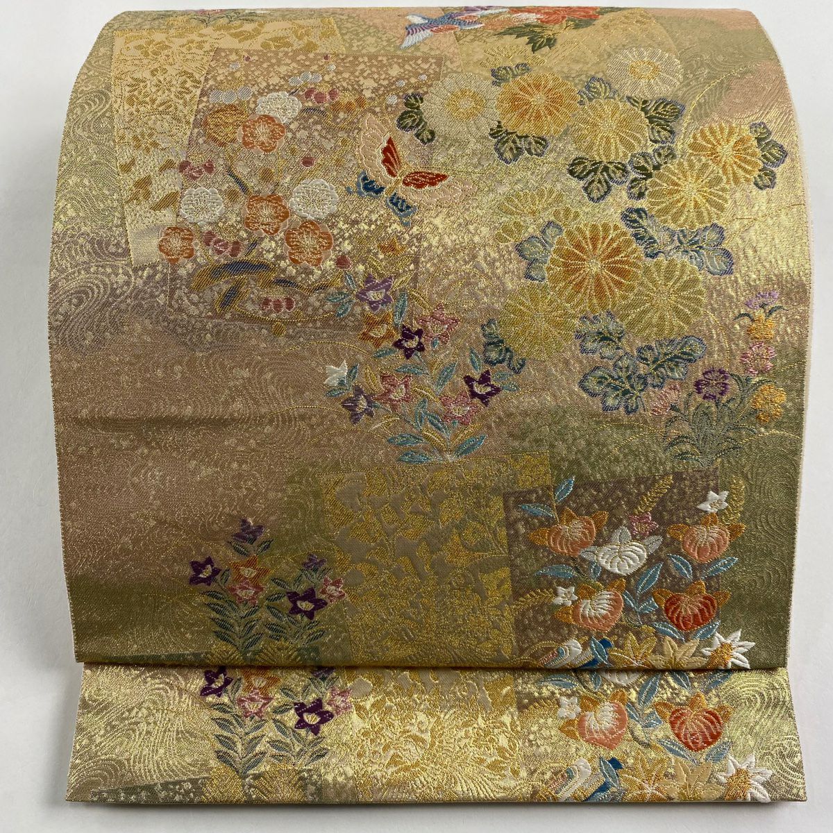 【美品】 袋帶 秀品級 色紙 花鳥 金絲 金金箔 金 六通 純蠶絲