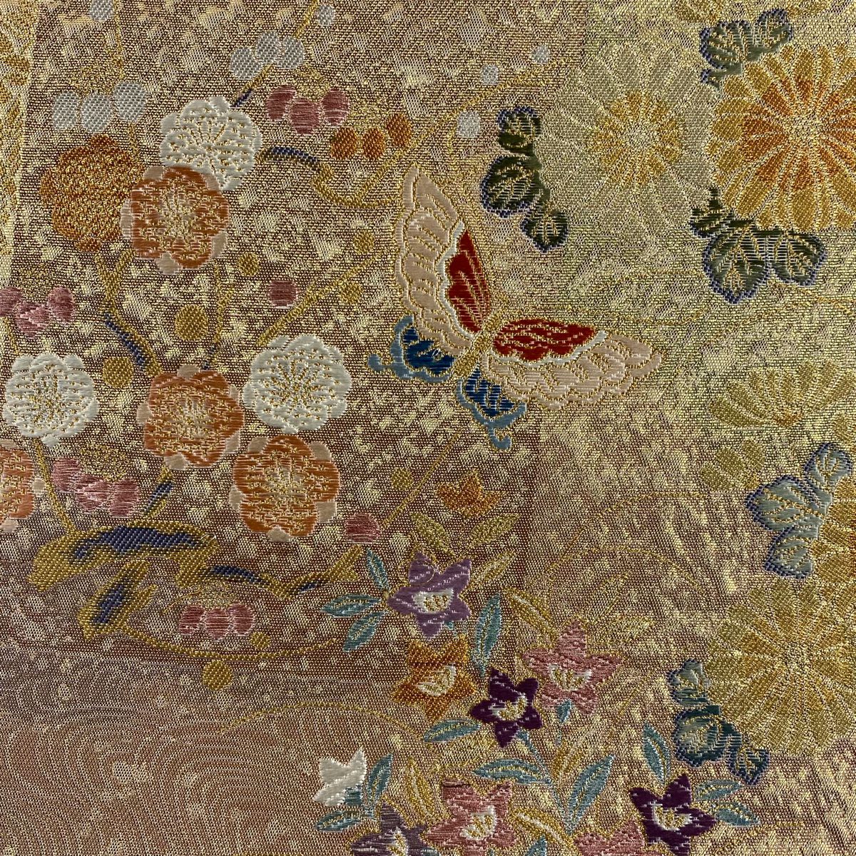 【美品】 袋帶 秀品級 色紙 花鳥 金絲 金金箔 金 六通 純蠶絲