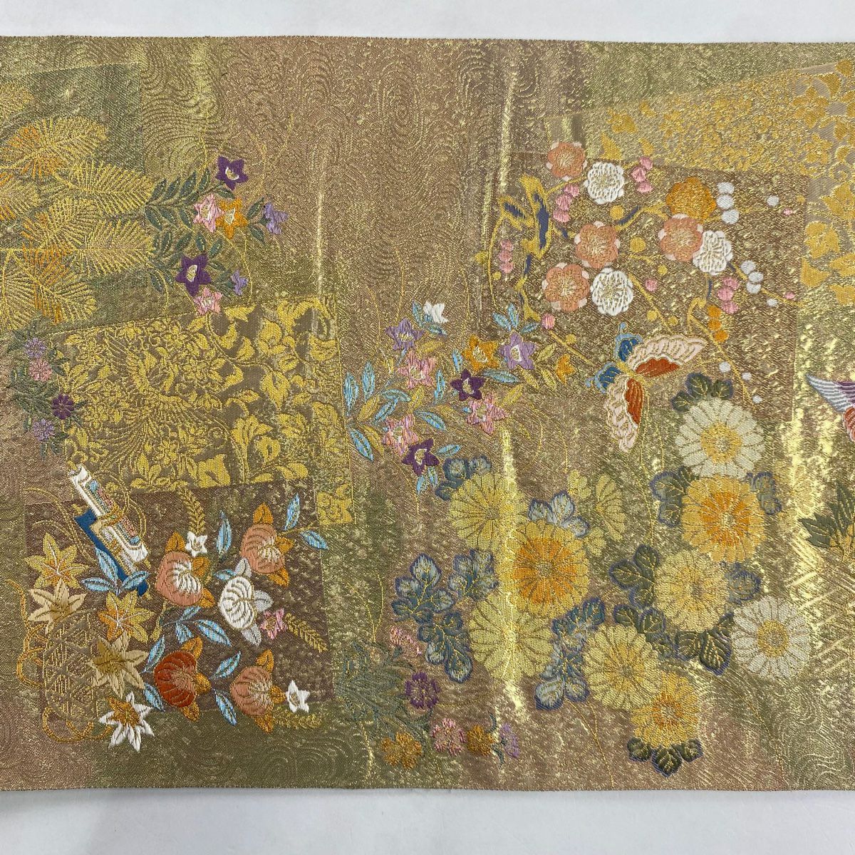 【美品】 袋帶 秀品級 色紙 花鳥 金絲 金金箔 金 六通 純蠶絲
