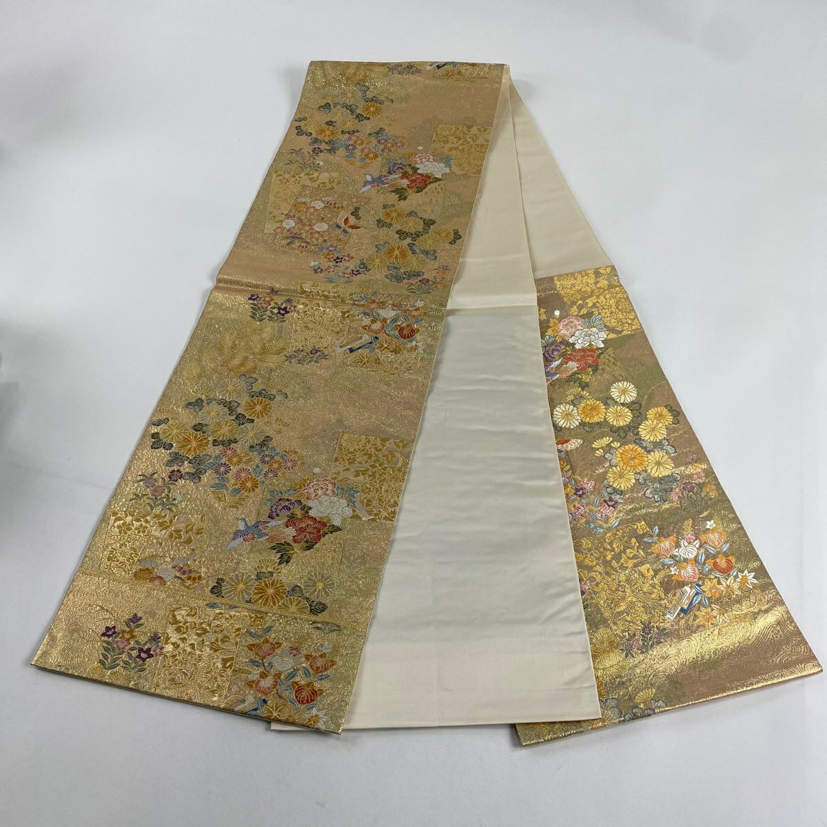 【美品】 袋帶 秀品級 色紙 花鳥 金絲 金金箔 金 六通 純蠶絲