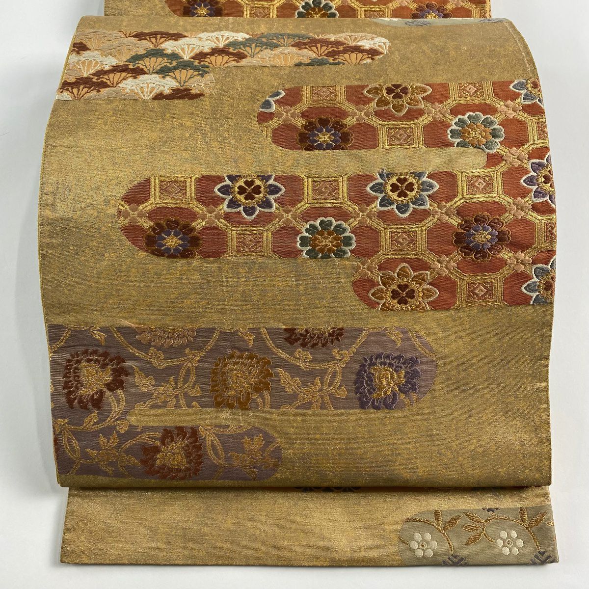 袋帶 秀品級 薄霞 華紋 金絲 金金箔 淺茶 深色 六通 純蠶絲
