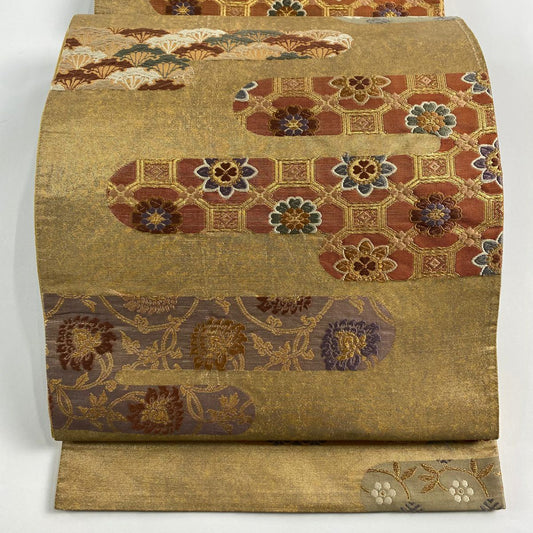 袋帶 秀品級 薄霞 華紋 金絲 金金箔 淺茶 深色 六通 純蠶絲