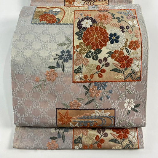 袋帶 秀品級 色紙 菊花 花刺繡 金金箔 灰 深藍 六通 純蠶絲