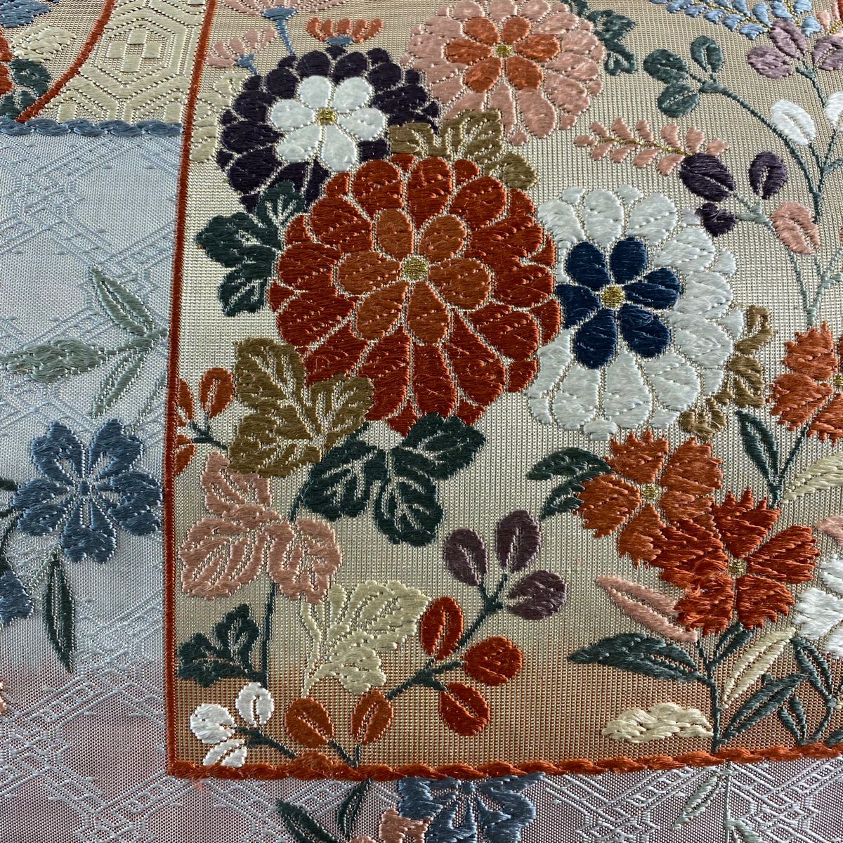 袋帶 秀品級 色紙 菊花 花刺繡 金金箔 灰 深藍 六通 純蠶絲