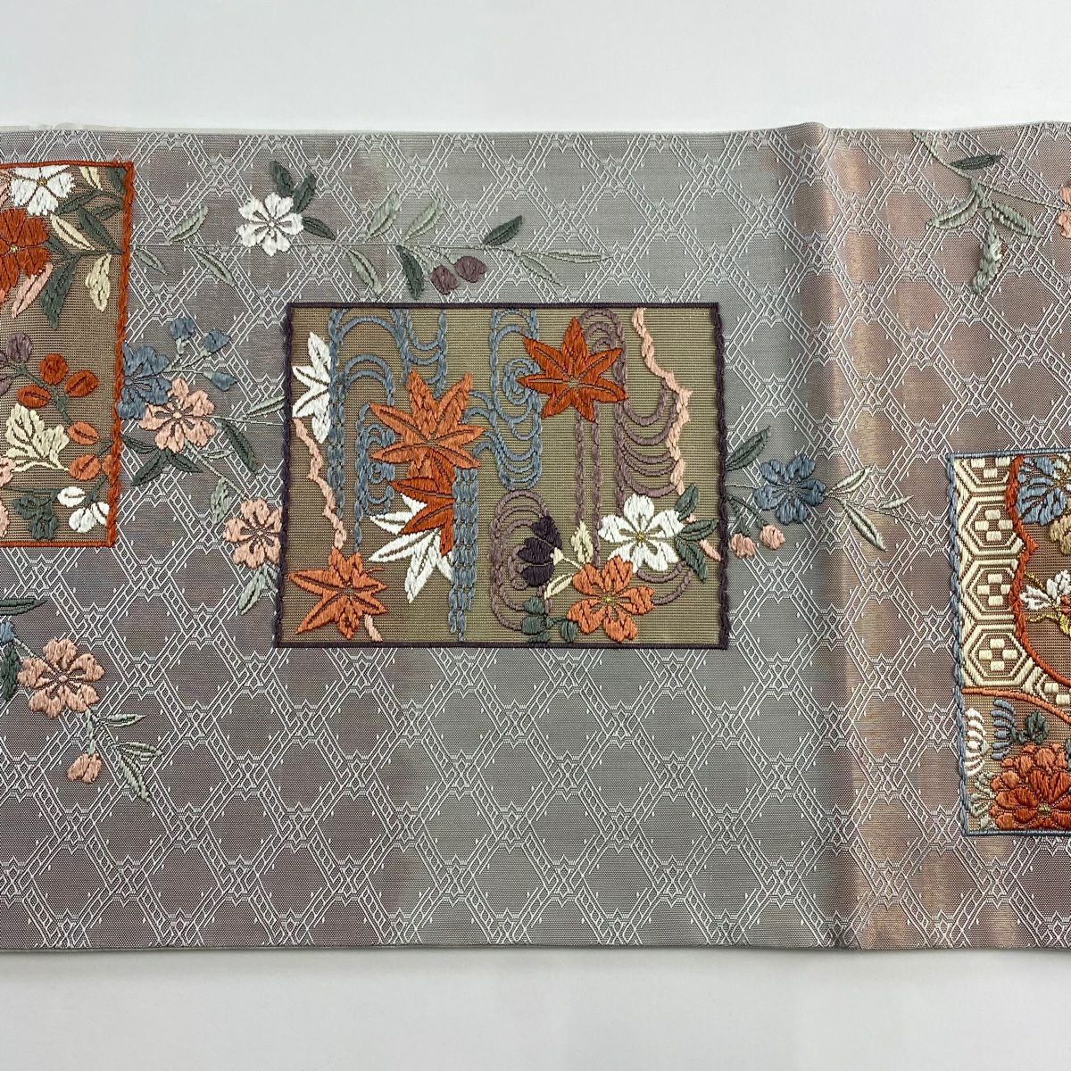 袋帶 秀品級 色紙 菊花 花刺繡 金金箔 灰 深藍 六通 純蠶絲