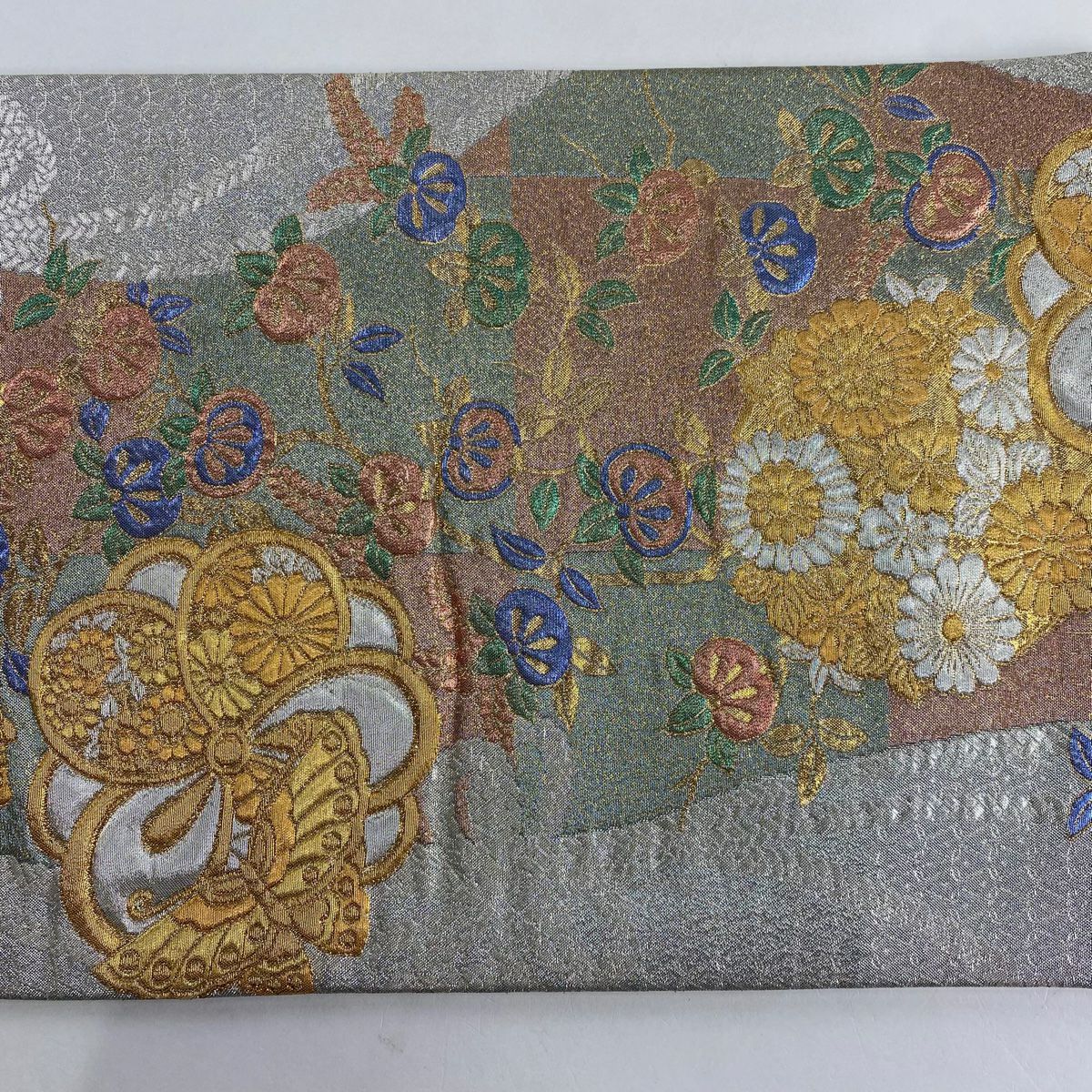袋帶 秀品級 梅花 蝶 金金箔 銀 六通 純蠶絲