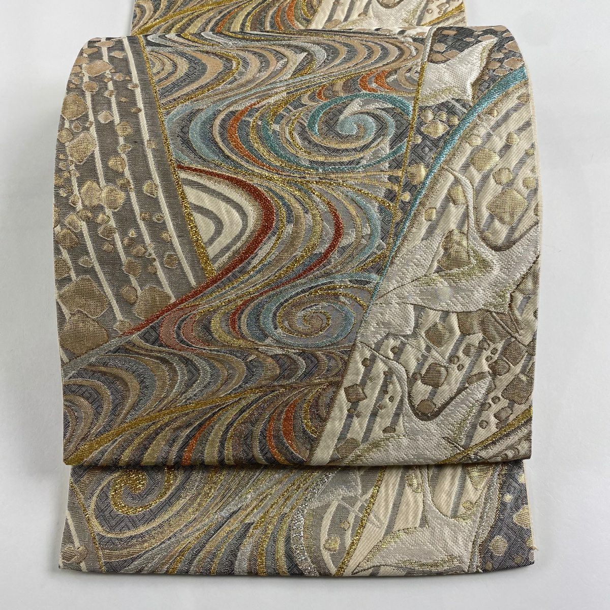 【美品】 袋帶 秀品級 仙鶴 流水 金銀彩 金金箔 奶油 六通 純蠶絲