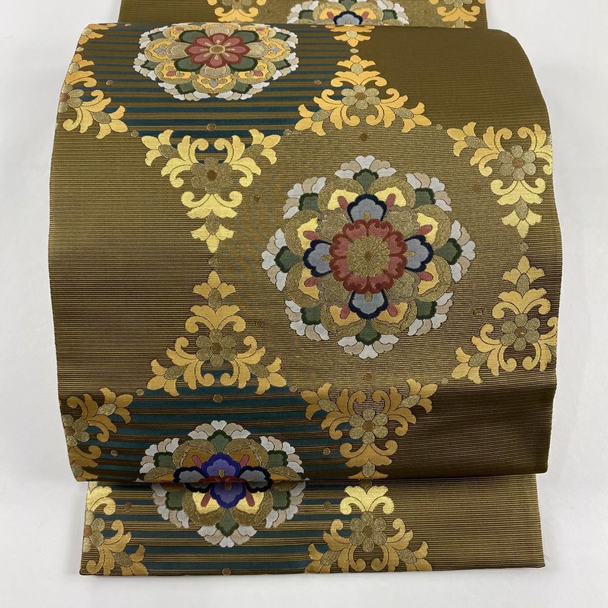 袋帶 秀品級 華紋 花唐草紋 金絲 金金箔 茶綠 六通 純蠶絲