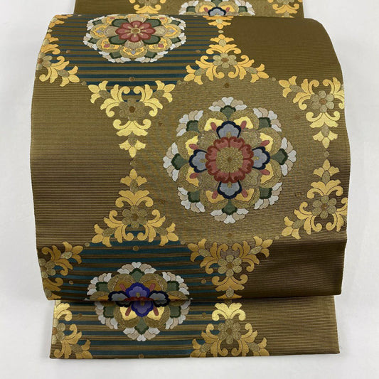 袋帶 秀品級 華紋 花唐草紋 金絲 金金箔 茶綠 六通 純蠶絲