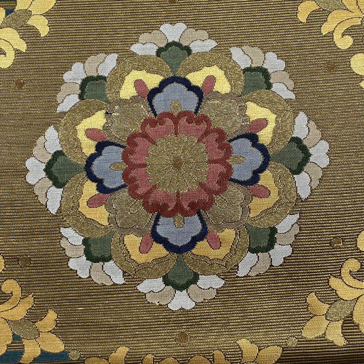 袋帶 秀品級 華紋 花唐草紋 金絲 金金箔 茶綠 六通 純蠶絲