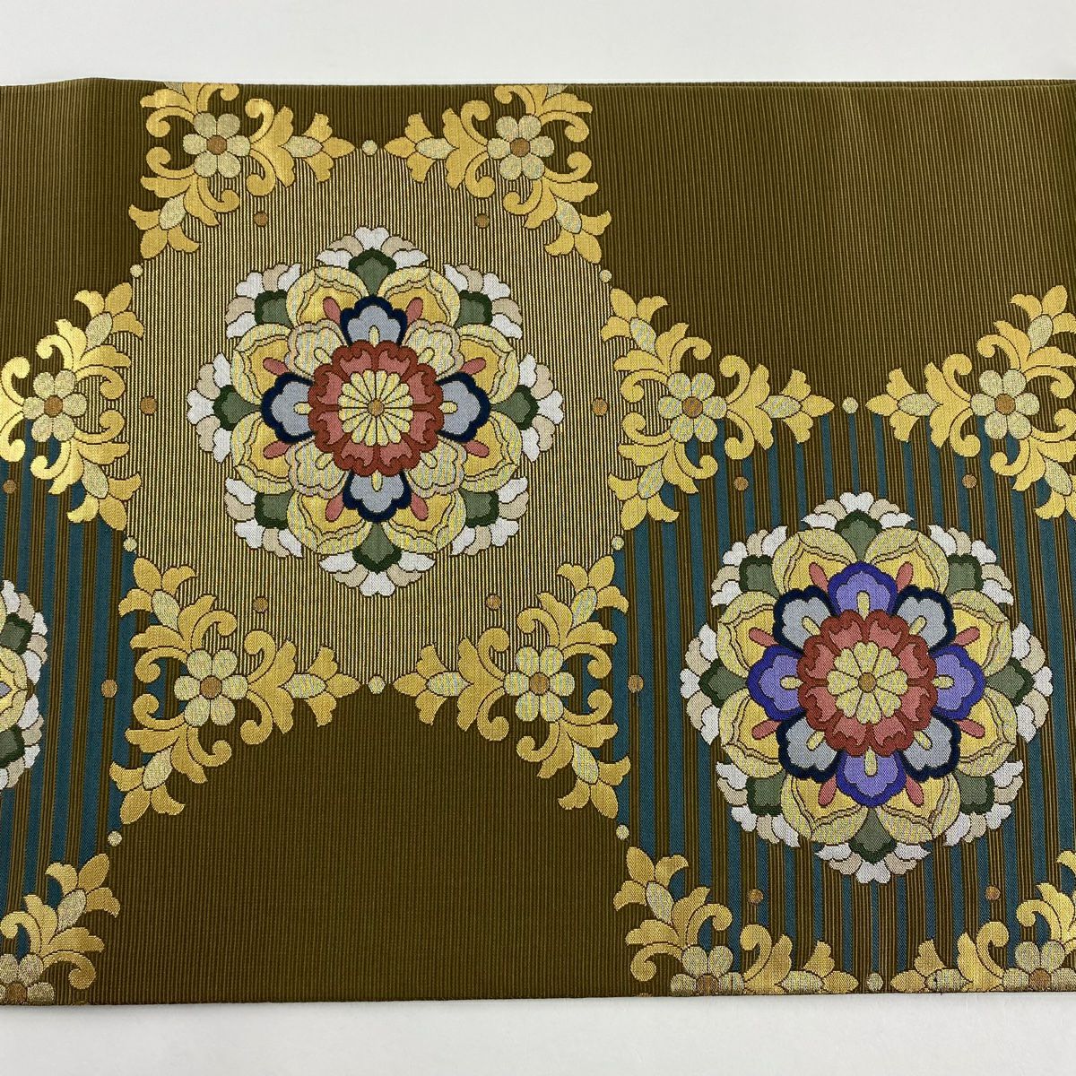 袋帶 秀品級 華紋 花唐草紋 金絲 金金箔 茶綠 六通 純蠶絲