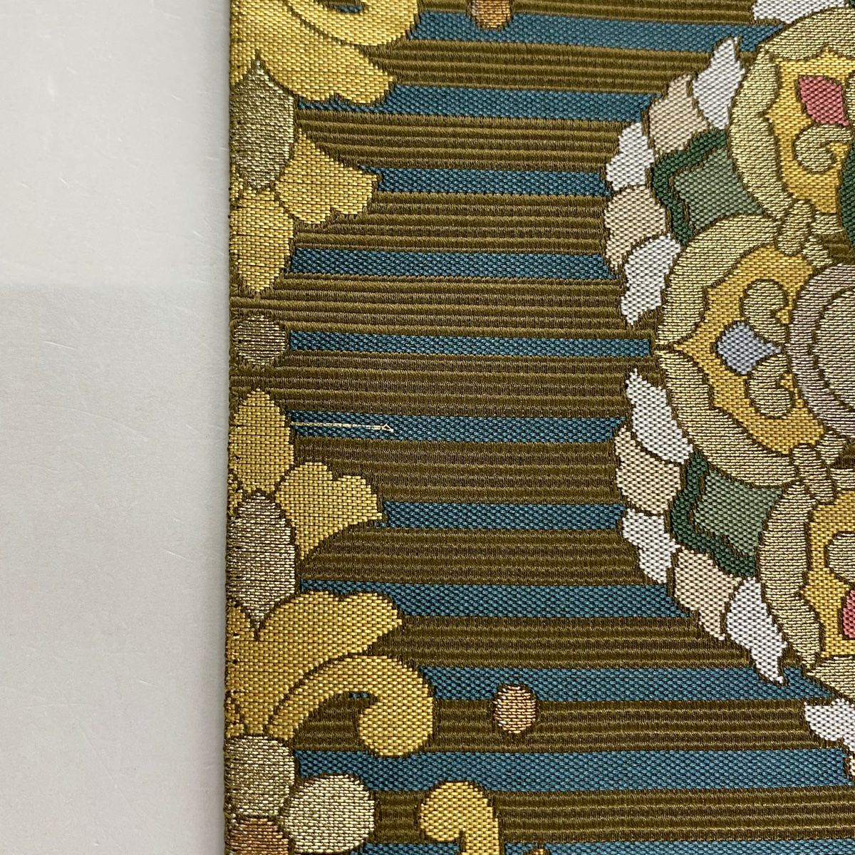 袋帶 秀品級 華紋 花唐草紋 金絲 金金箔 茶綠 六通 純蠶絲