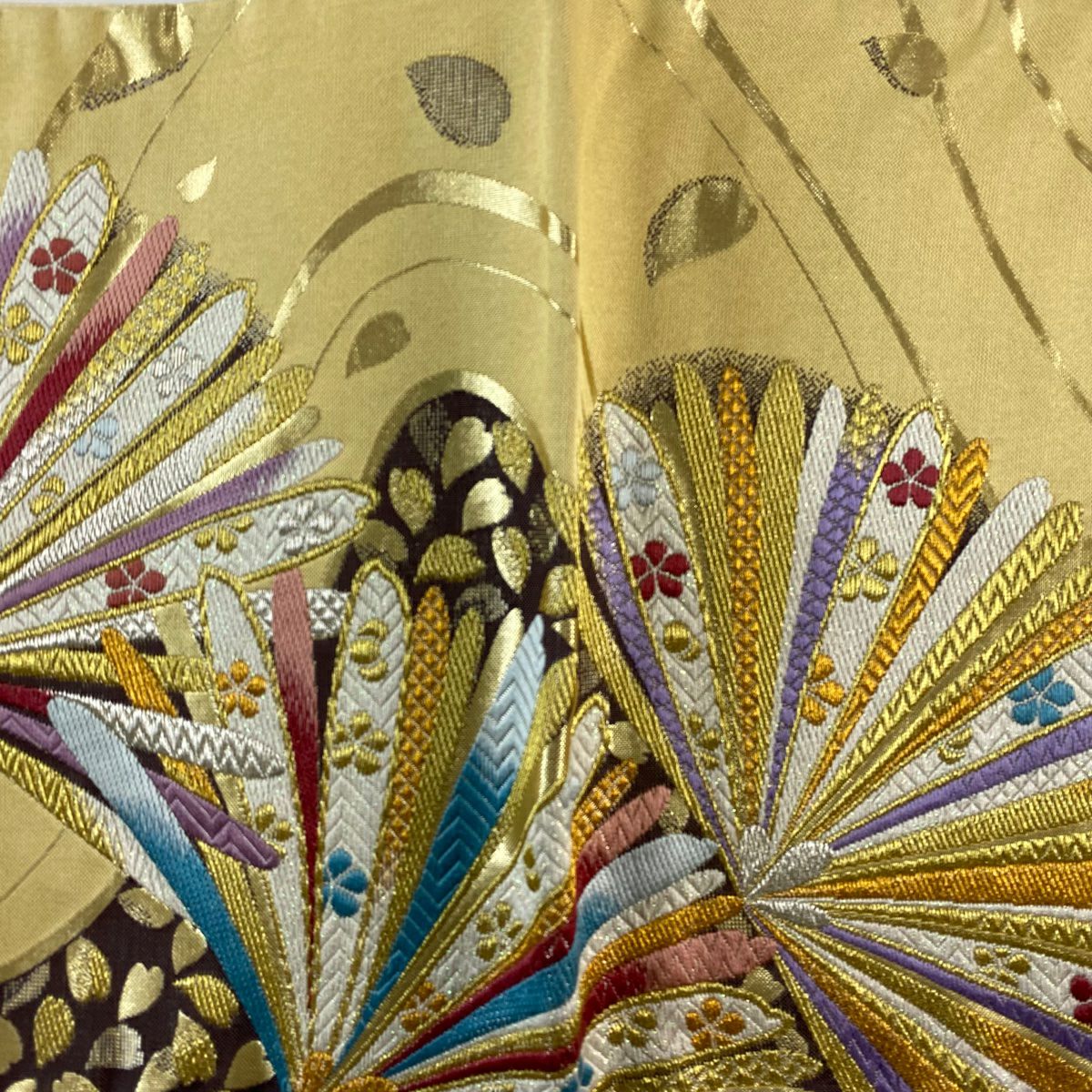 袋帶 秀品級 松樹 花瓣 金銀絲 金金箔 米色 六通 純蠶絲