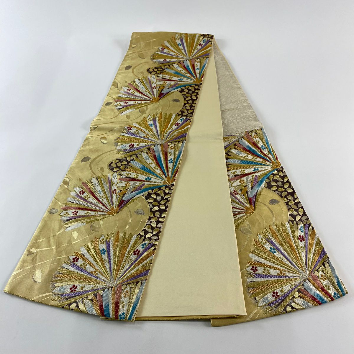 袋帶 秀品級 松樹 花瓣 金銀絲 金金箔 米色 六通 純蠶絲