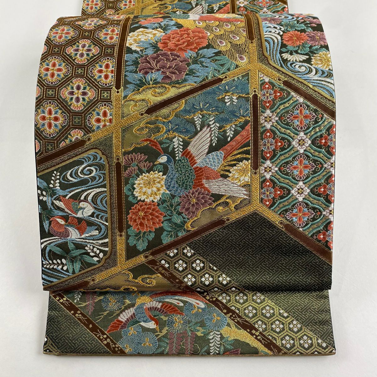 【美品】 袋帶 秀品級 關西仕立 紅鸚鵡 草花紋紋 金絲 唐織 金茶 六通 純蠶絲