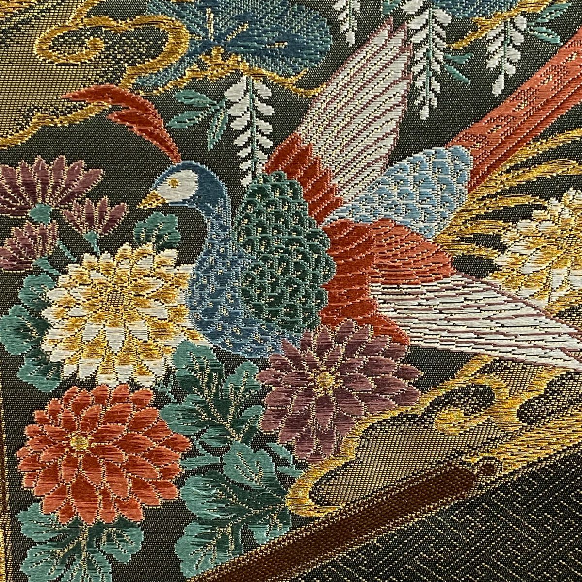【美品】 袋帶 秀品級 關西仕立 紅鸚鵡 草花紋紋 金絲 唐織 金茶 六通 純蠶絲