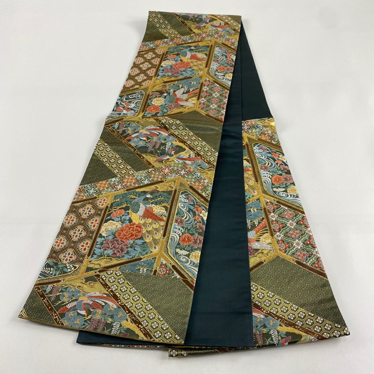 【美品】 袋帶 秀品級 關西仕立 紅鸚鵡 草花紋紋 金絲 唐織 金茶 六通 純蠶絲