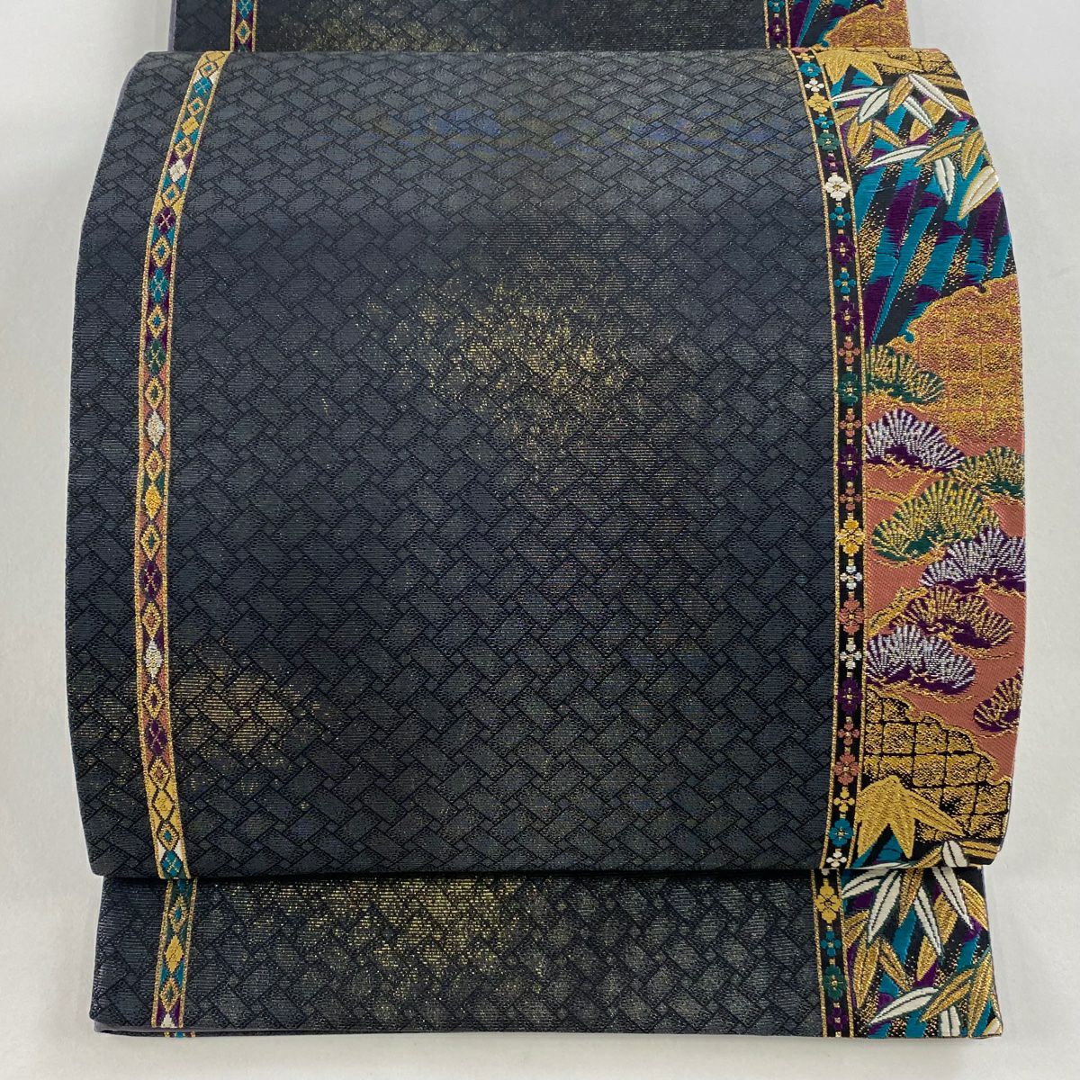 【庫存清倉】 【美品】 袋帶 名品級 松樹 笹 金糸 金金箔 墨 深藍 六通 純蠶絲