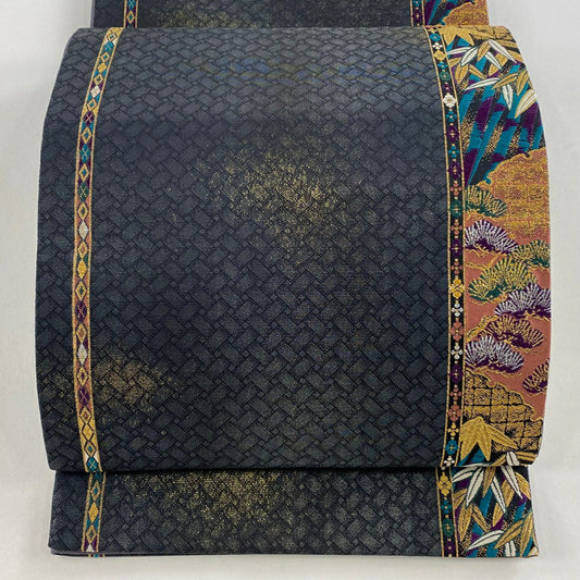 【庫存清倉】 【美品】 袋帶 名品級 松樹 笹 金糸 金金箔 墨 深藍 六通 純蠶絲