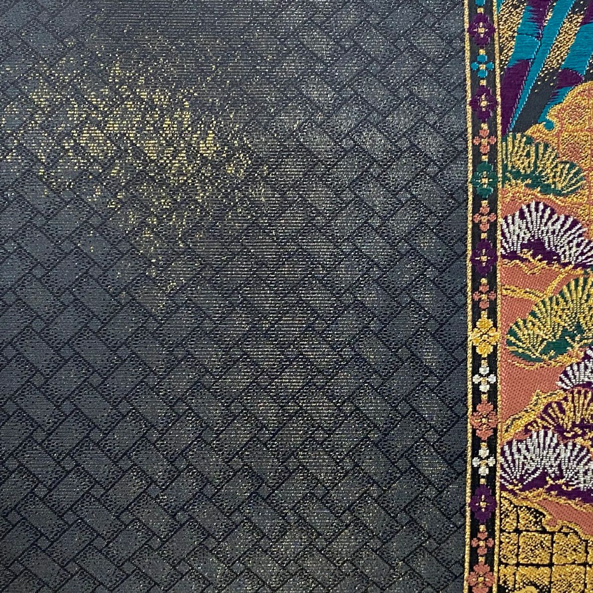 【庫存清倉】 【美品】 袋帶 名品級 松樹 笹 金糸 金金箔 墨 深藍 六通 純蠶絲
