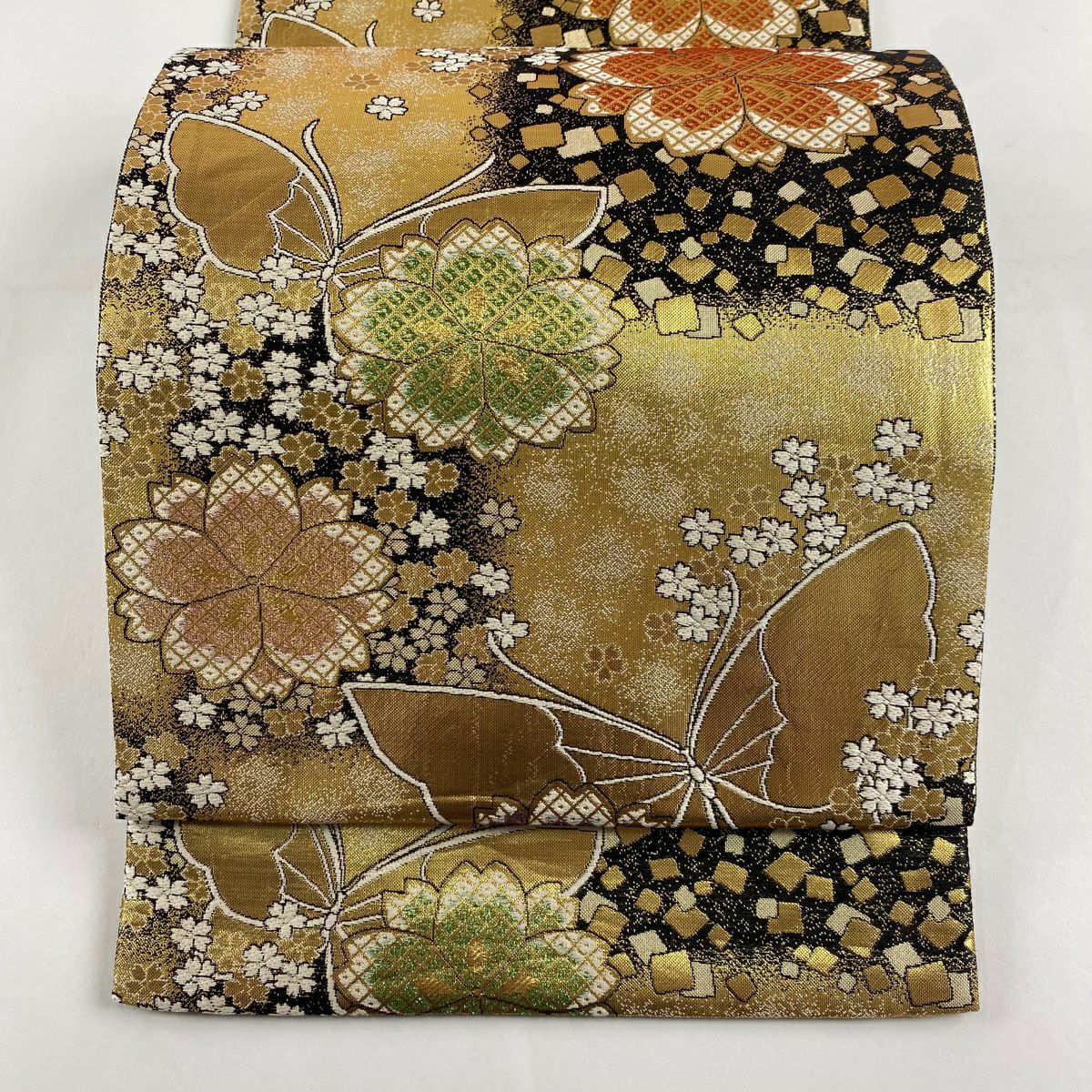 【美品】 袋帶 秀品級 蝶 櫻花 金金箔 拉麵金箔 金色 六通 純蠶絲