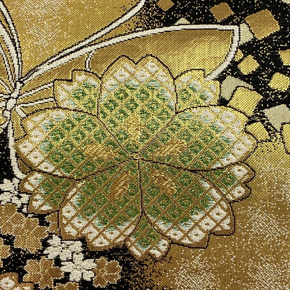 【美品】 袋帶 秀品級 蝶 櫻花 金金箔 拉麵金箔 金色 六通 純蠶絲