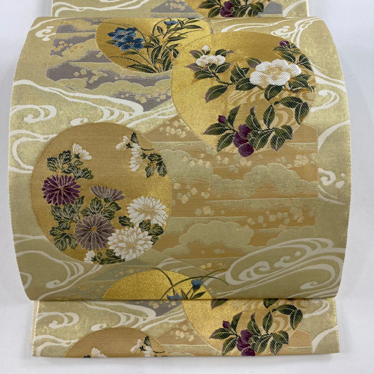 袋帶 逸品級 貝紫 流麗雲彩紋 草花紋 流水 金絲 金金箔 金色 六通 純蠶絲