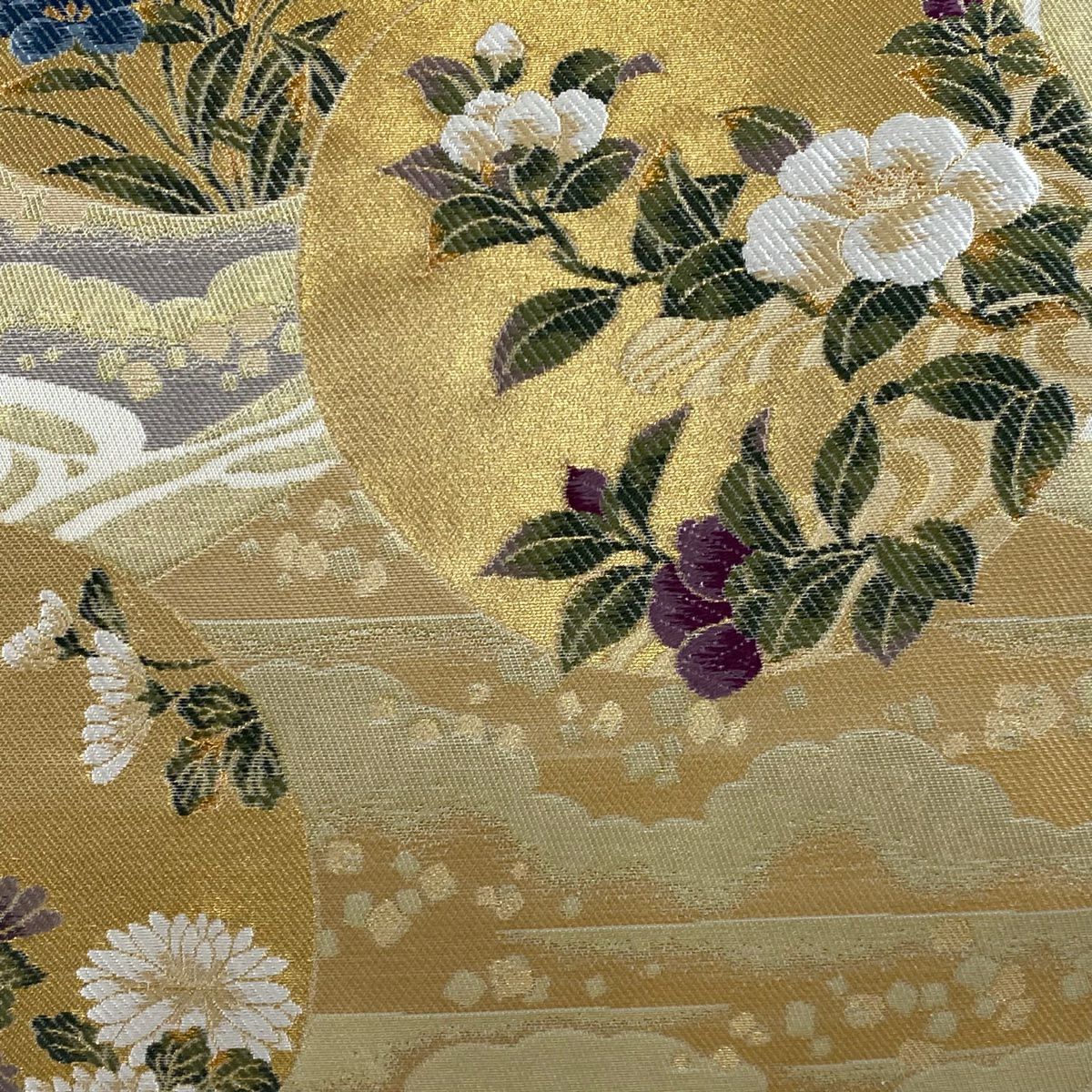 袋帶 逸品級 貝紫 流麗雲彩紋 草花紋 流水 金絲 金金箔 金色 六通 純蠶絲