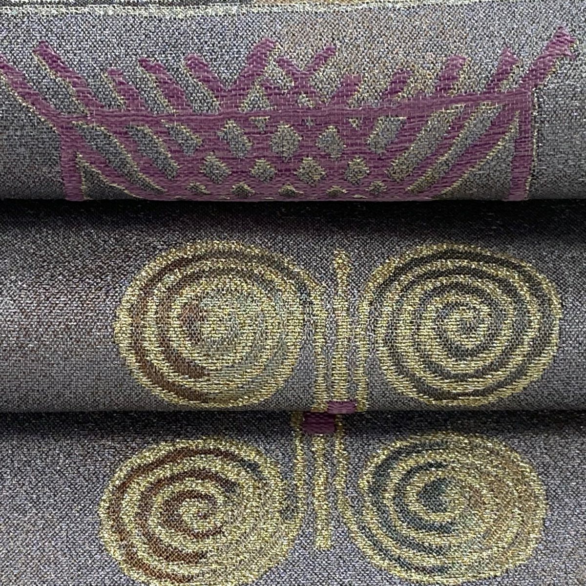 【美品】 袋帶 逸品級 落款あり 帝王紫 關西裁縫 幾何學 金金箔 淺紫 六通 純蠶絲