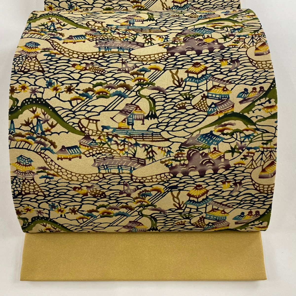 開口名古屋帶 逸品級 風景 建築 金通 薄茶 純蠶絲